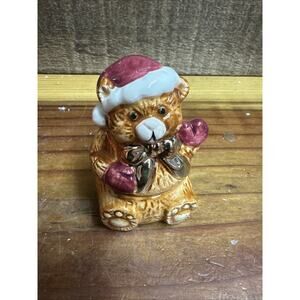 JCM Porcelain Teddy Bear Trinket W/Lid Christmas Decoration 3" Tall In Box